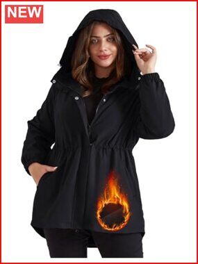 Plus Size Fleece Lined Waterproof Rain Jacket with Adjustable Hood